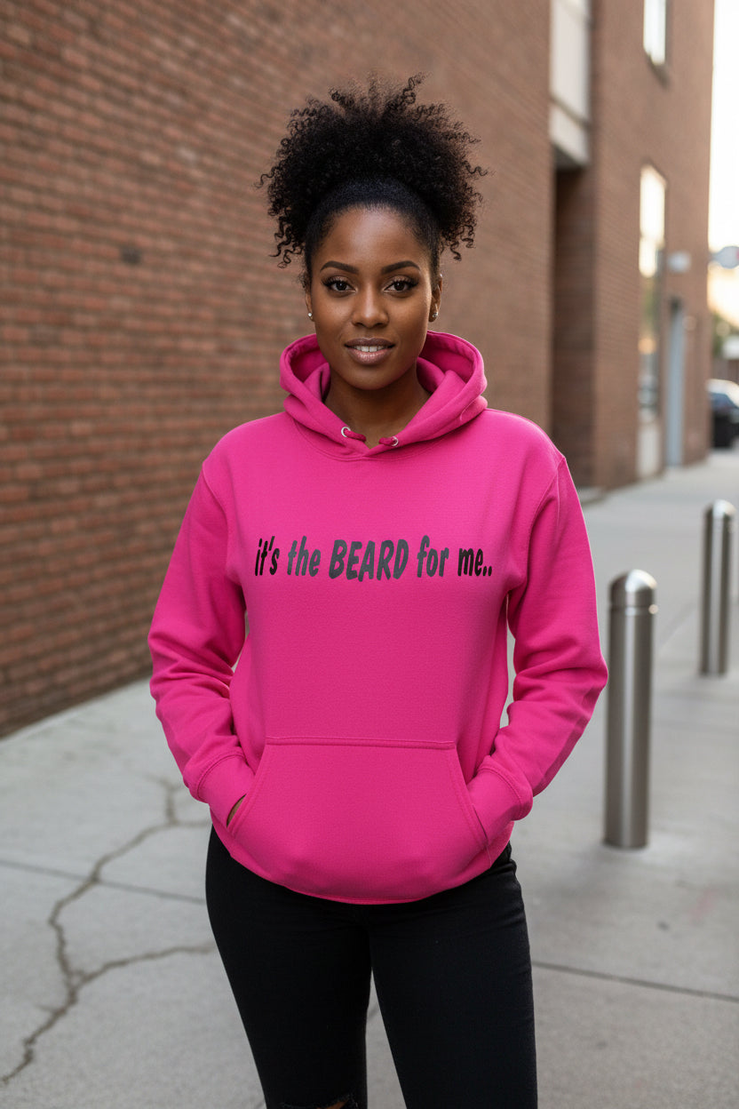 A folded hot pink hoodie with the text 'it's the BEARD for me.