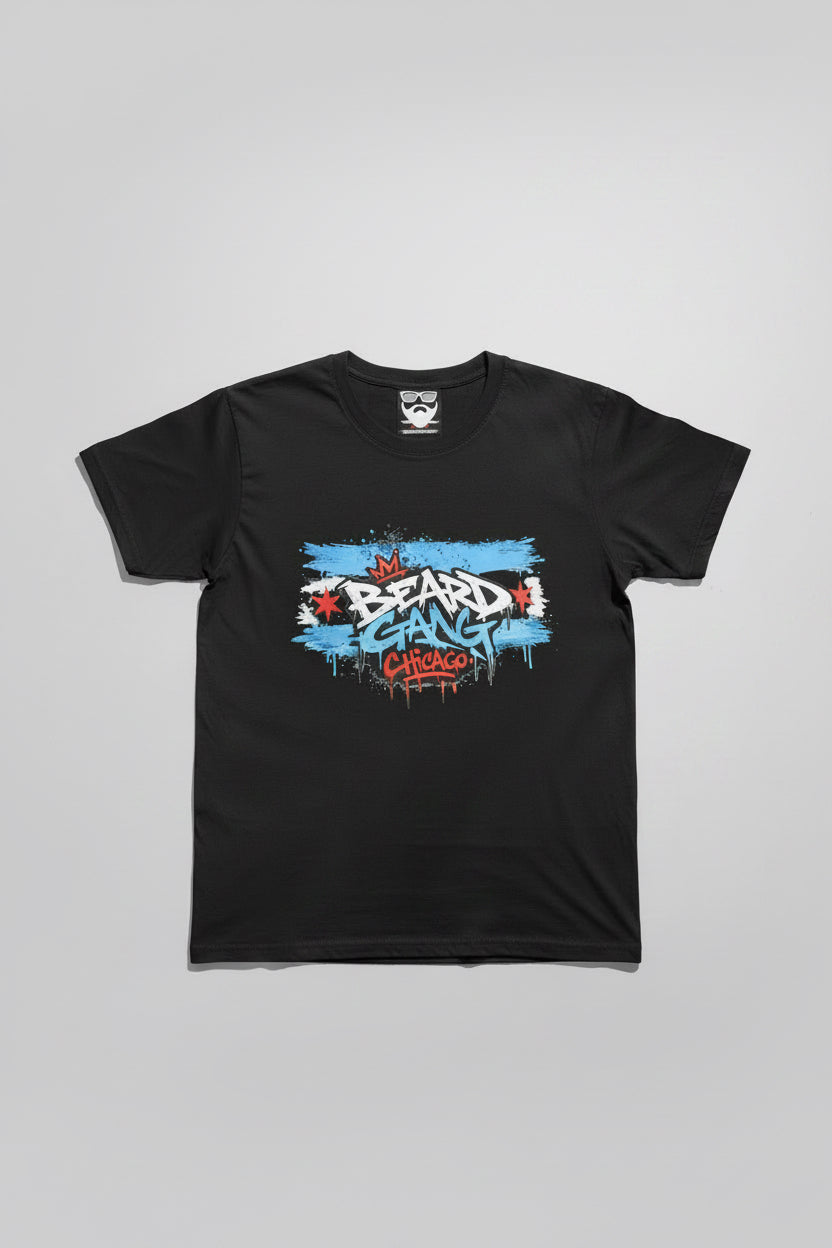 A black t-shirt with a colorful graffiti-style graphic reading 'Beard Gang Chicago' in white, blue, and red.