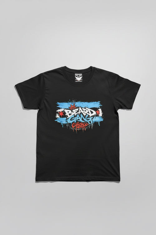 A black t-shirt with a colorful graffiti-style graphic reading 'Beard Gang Chicago' in white, blue, and red.